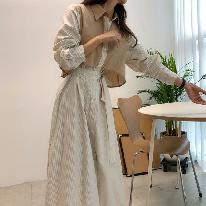 骨格ストレートレイヤード風ストライプシャツワンピース