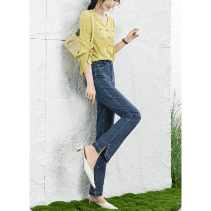 骨格ストレートロングスリットストレートデニムパンツ