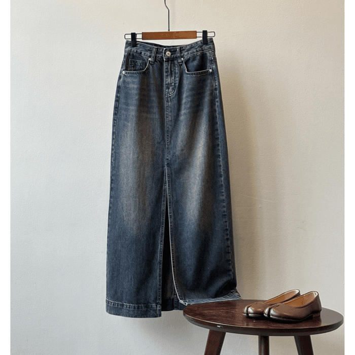 骨格ストレートマキシ丈スリットデニムスカート