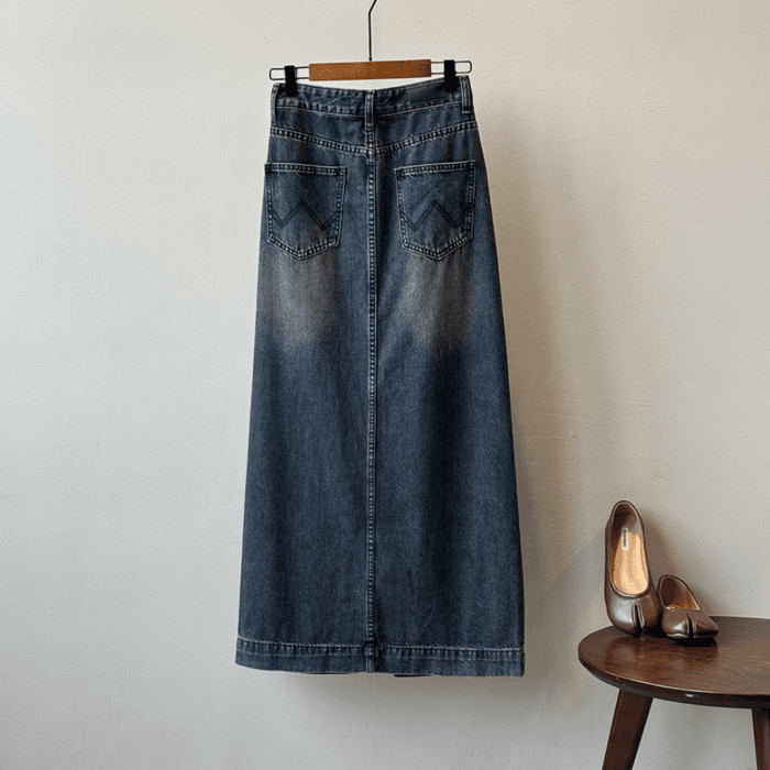 骨格ストレートマキシ丈スリットデニムスカート
