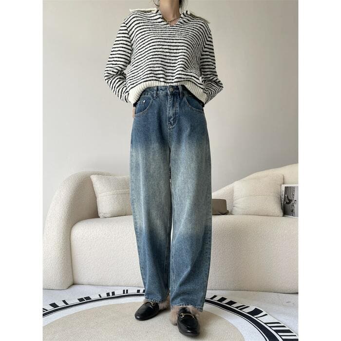 骨格ストレートワイドレッグデニムパンツ