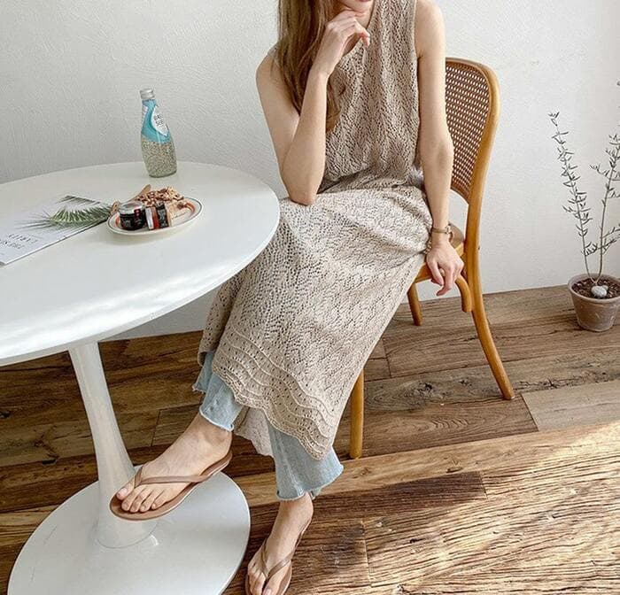 骨格ストレートノースリーブニットワンピース