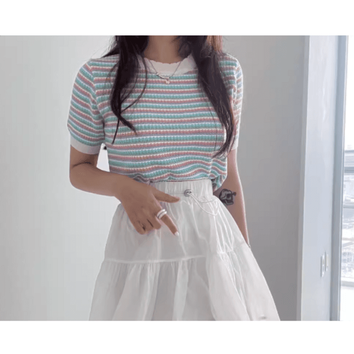 骨格ストレートボーダー半袖セータートップス