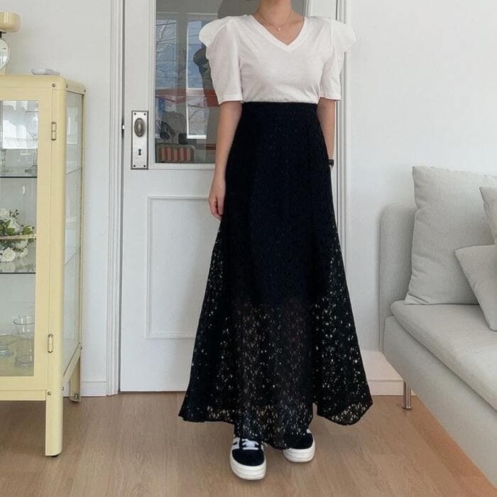 骨格ストレート透かし編みロングスカート