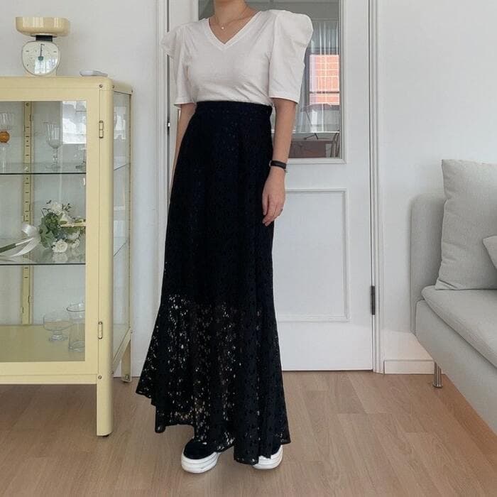 骨格ストレート透かし編みロングスカート