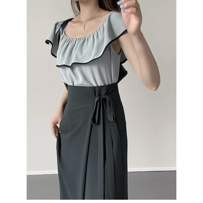 骨格ストレートウエストリボンロングスカート