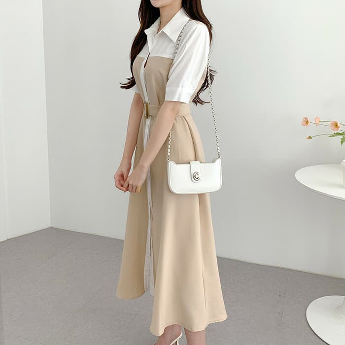 骨格ストレートコントラストウエストシャツワンピース