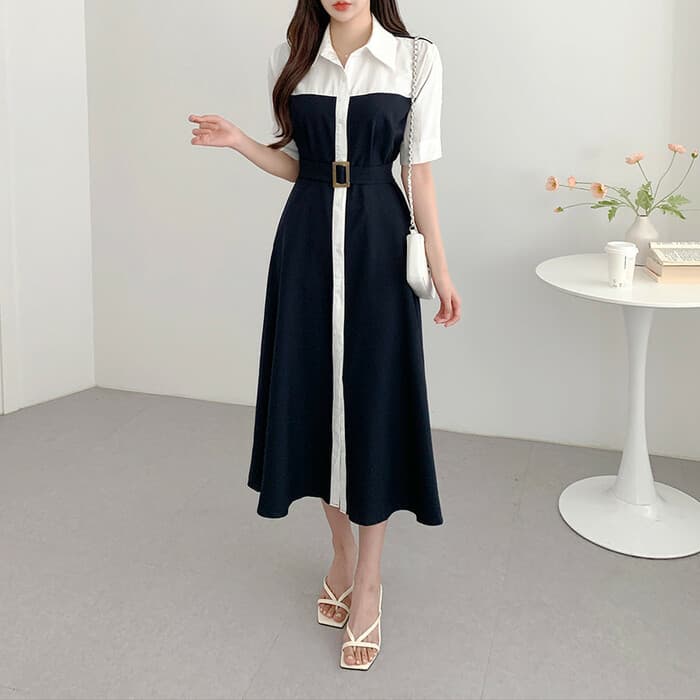 骨格ストレートコントラストウエストシャツワンピース