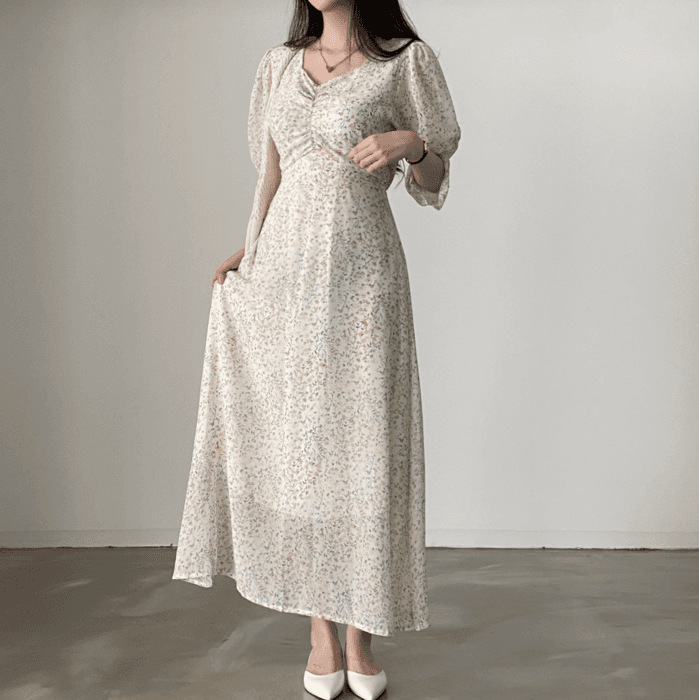 骨格ストレートパフスリーブ花柄ロングワンピース
