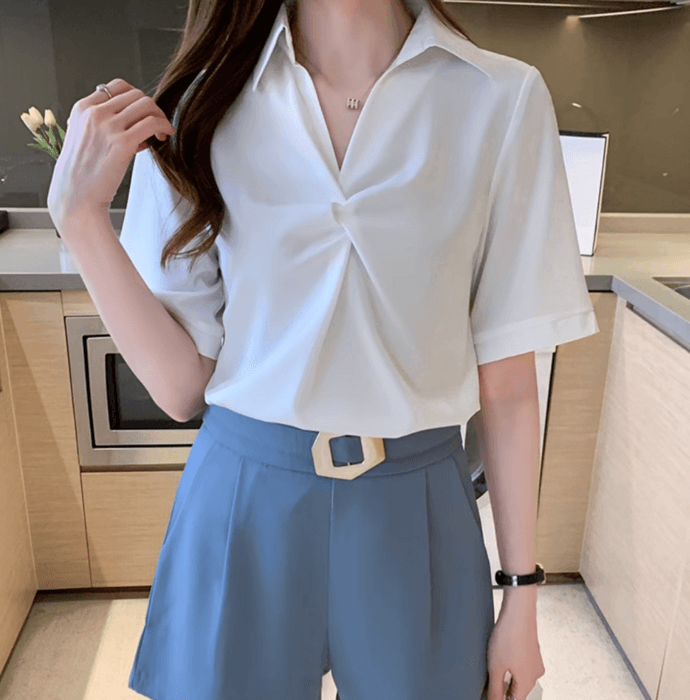 骨格ストレート半袖フロントツイストブラウスシャツ