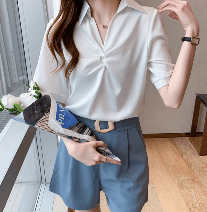 骨格ストレート半袖フロントツイストブラウスシャツ