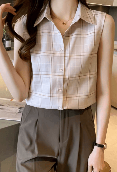 骨格ストレートチェック柄ノースリーブシャツ