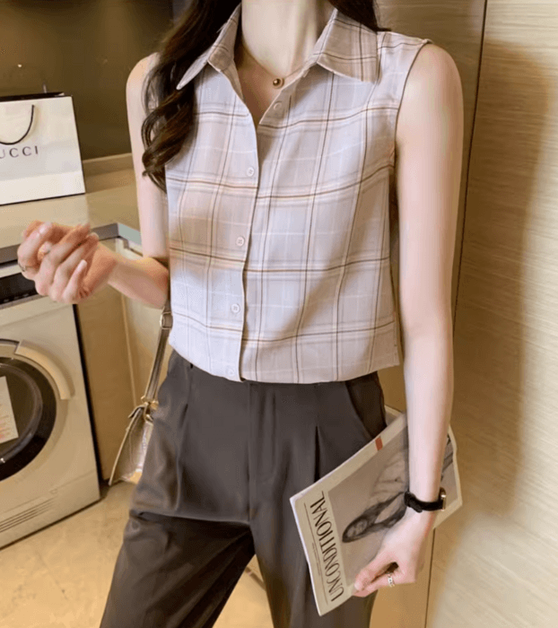 骨格ストレートチェック柄ノースリーブシャツ