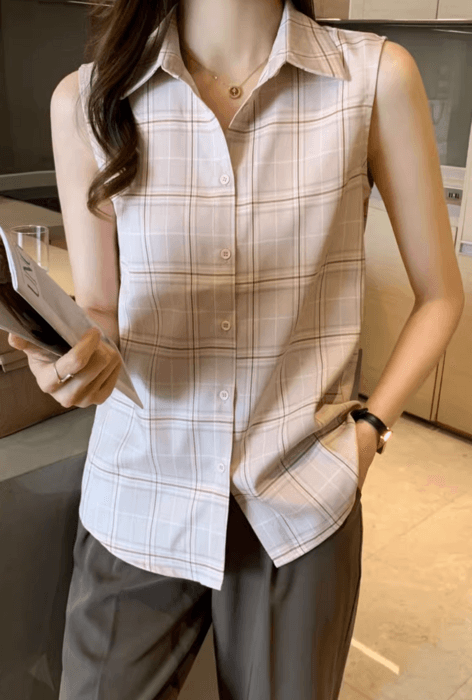 骨格ストレートチェック柄ノースリーブシャツ