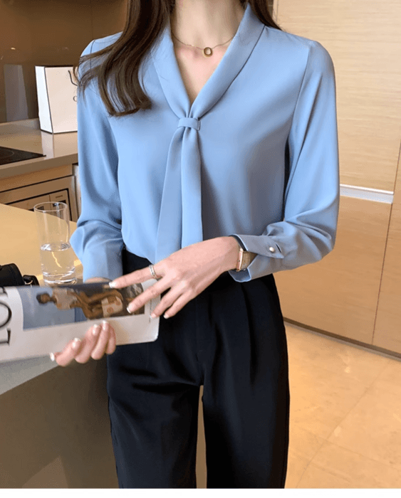 骨格ストレートパールボウタイブラウス