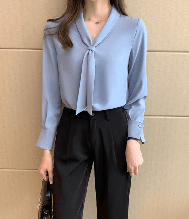 骨格ストレートパールボウタイブラウス