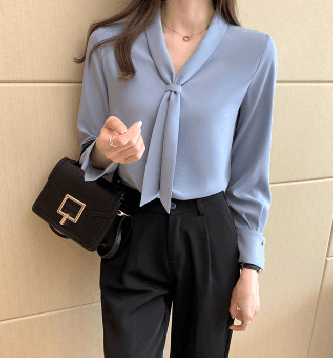 骨格ストレートパールボウタイブラウス
