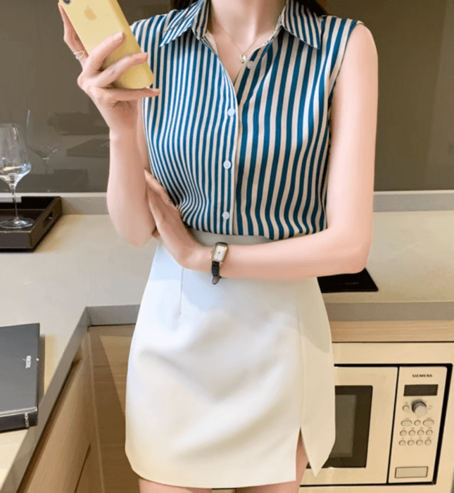 骨格ストレートストライプノースリーブシャツ