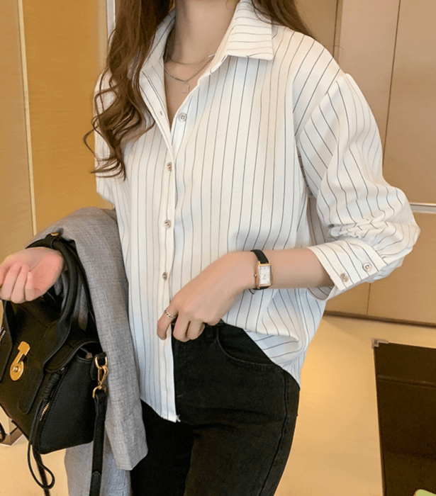 骨格ストレートストライプブラウストップス