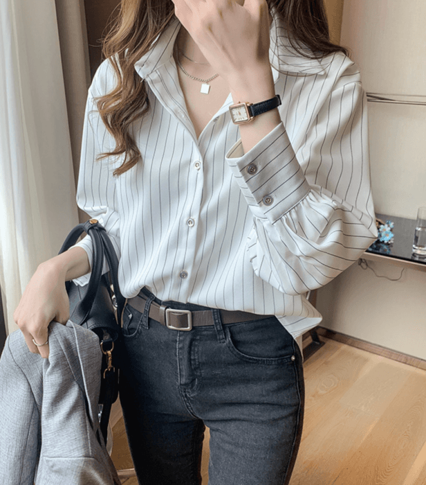 骨格ストレートストライプブラウストップス