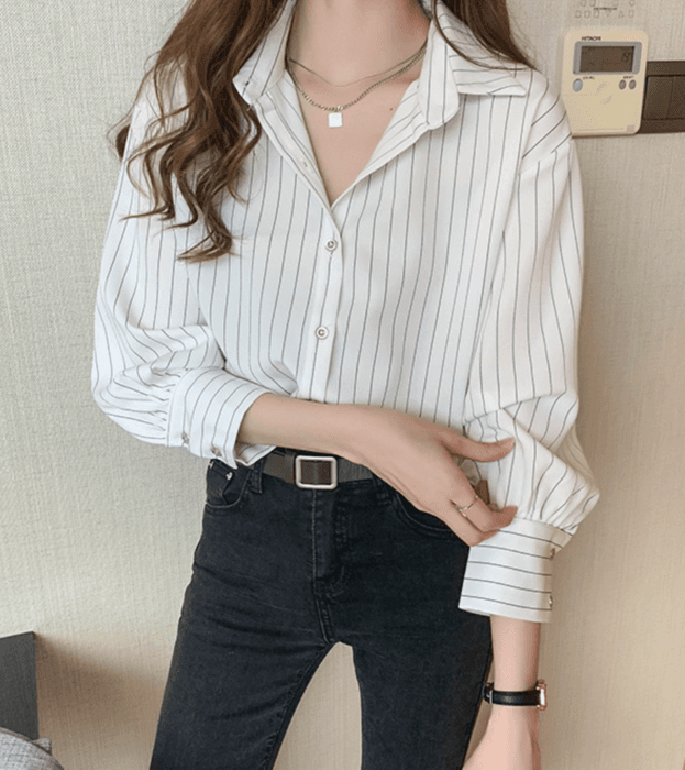 骨格ストレートストライプブラウストップス