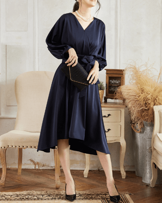 骨格ストレートカシュクールアシンメトリーヘムウエストリボンドレス