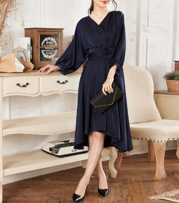 骨格ストレートカシュクールアシンメトリーヘムウエストリボンドレス