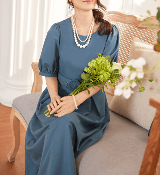 骨格ストレートフローラルパフスリーブロングドレス
