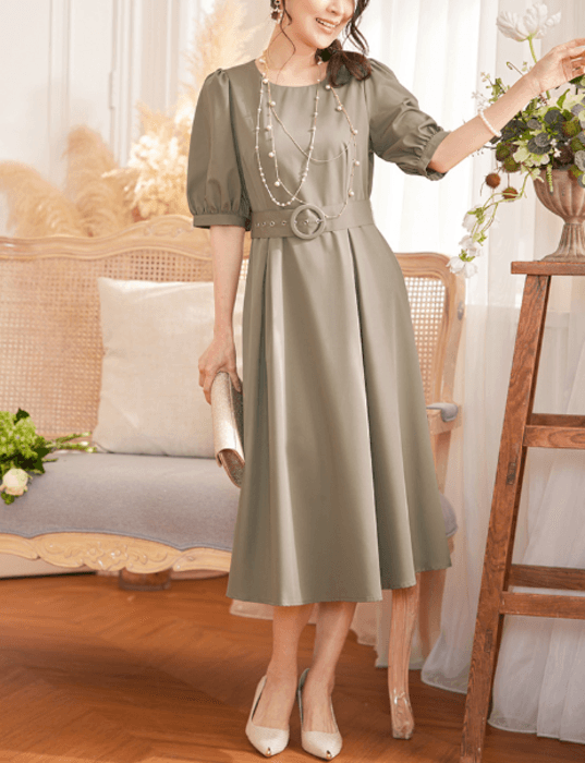 骨格ストレートフローラルパフスリーブロングドレス