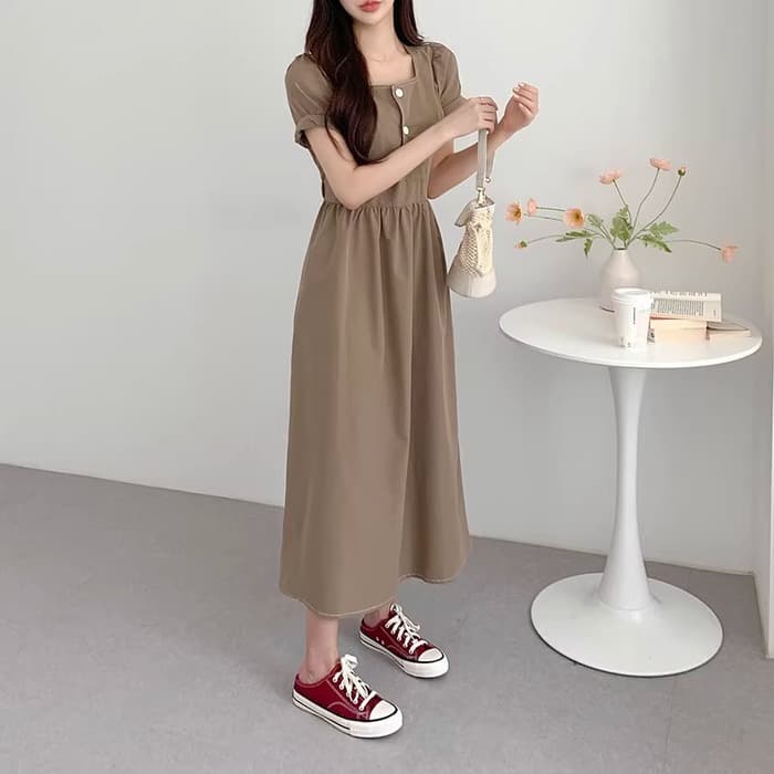 骨格ストレートスクエアネックフロントボタンワンピース