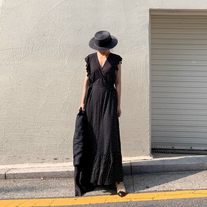 骨格ストレートドット柄ロングワンピース