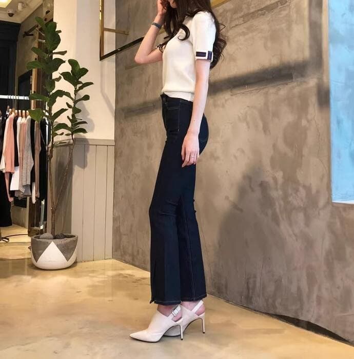 骨格ストレートコントラストカラー半袖ニット