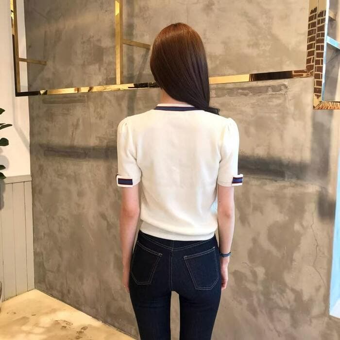 骨格ストレートコントラストカラー半袖ニット