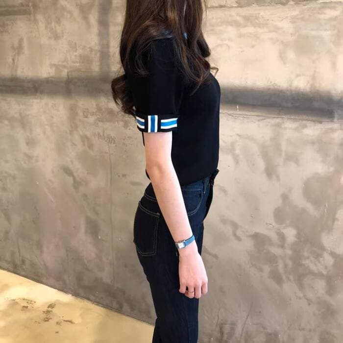骨格ストレートコントラストカラー半袖ニット
