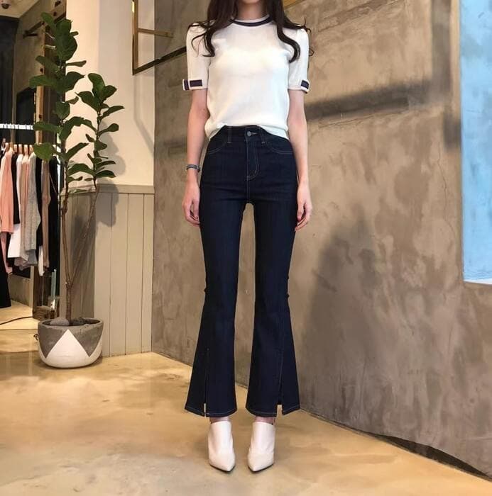 骨格ストレートコントラストカラー半袖ニット