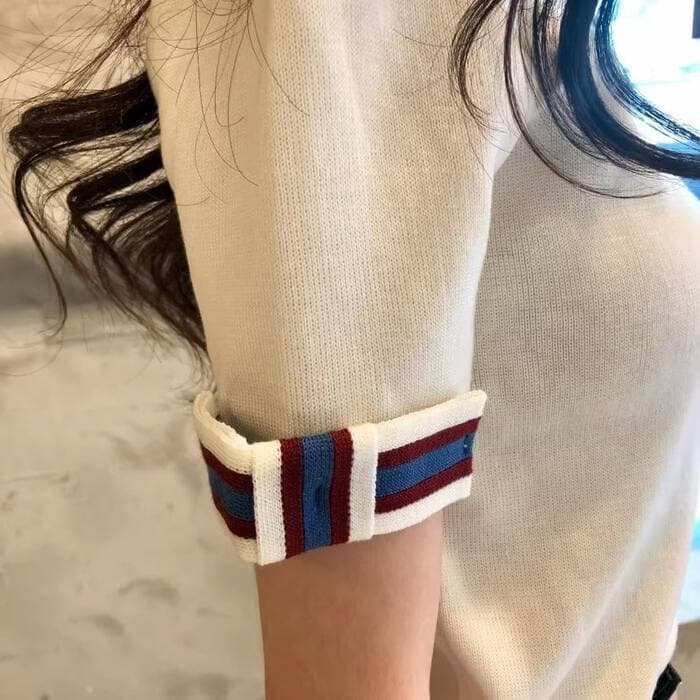 骨格ストレートコントラストカラー半袖ニット