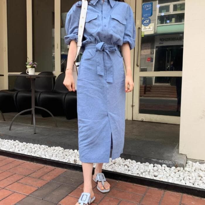 骨格ストレートストラップウエストワンピース