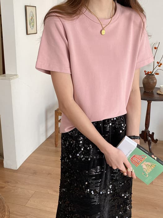 骨格ストレートラウンドネックカラーTシャツトップス
