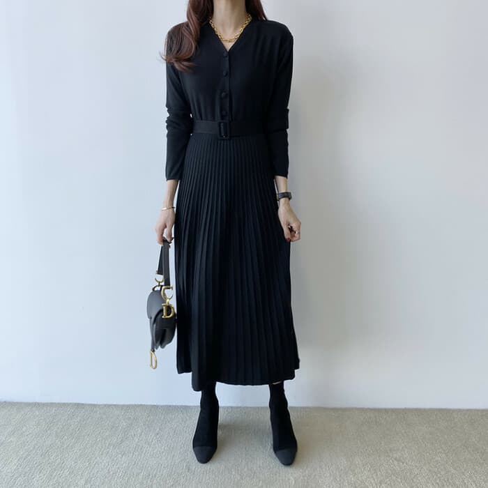 骨格ストレートプリーツウエストマークニットワンピース
