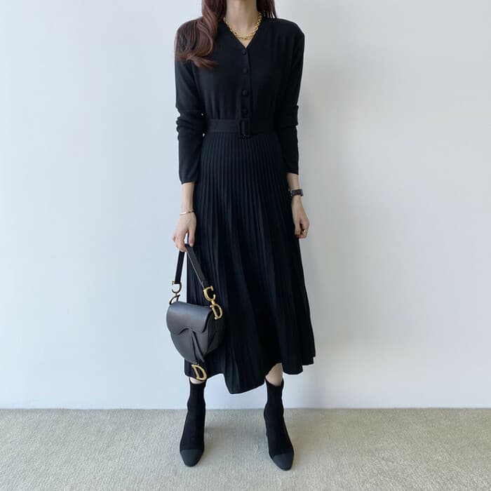 骨格ストレートプリーツウエストマークニットワンピース