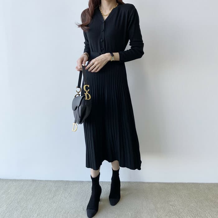 骨格ストレートプリーツウエストマークニットワンピース