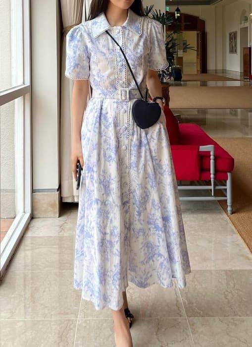 骨格ストレートウエストマーク花柄フレアワンピース