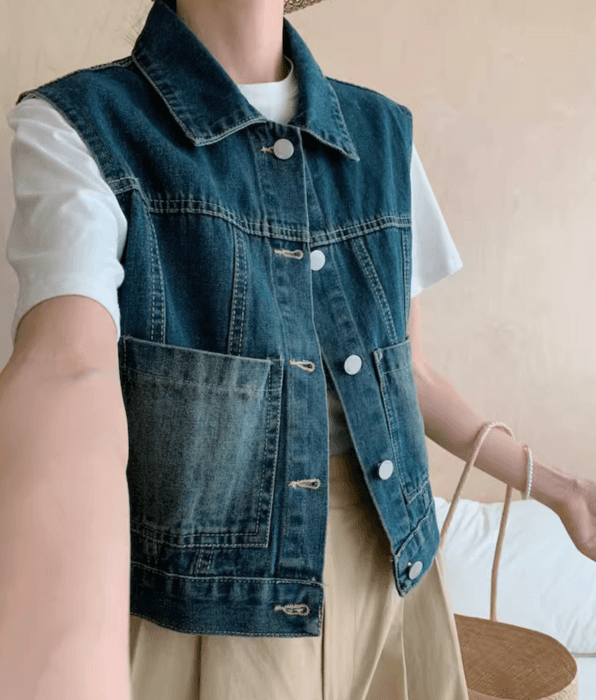 骨格ストレートサイドポケットデニムベスト