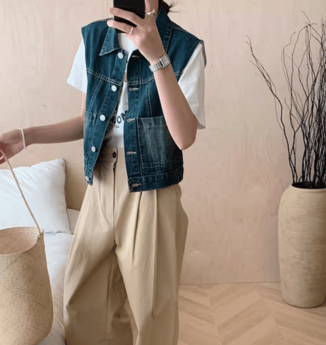 骨格ストレートサイドポケットデニムベスト