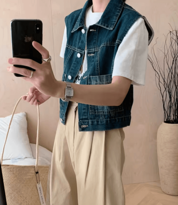 骨格ストレートサイドポケットデニムベスト