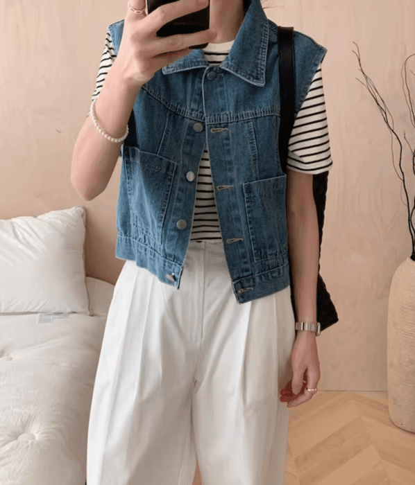 骨格ストレートサイドポケットデニムベスト
