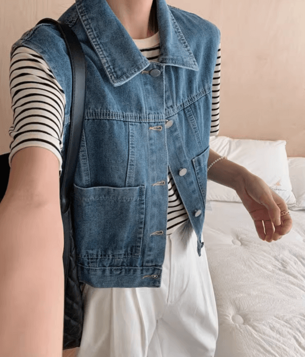 骨格ストレートサイドポケットデニムベスト