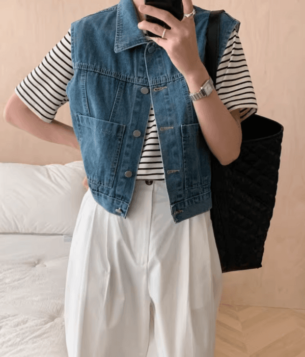 骨格ストレートサイドポケットデニムベスト