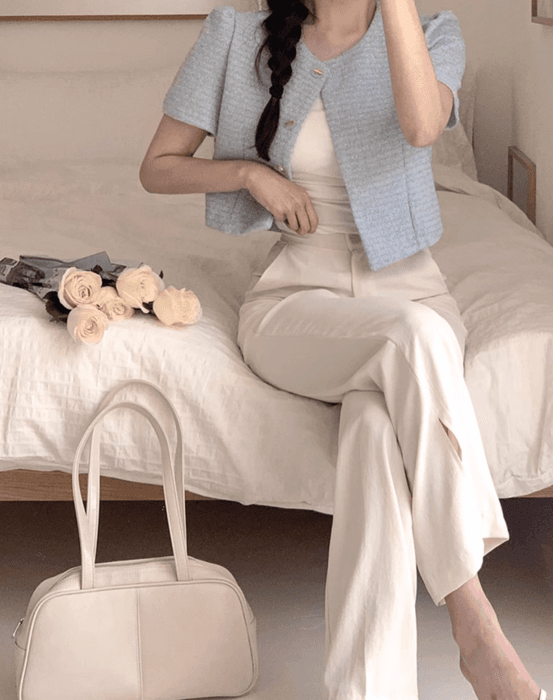骨格ストレート半袖ツイードジャケット