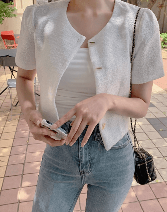 骨格ストレート半袖ツイードジャケット